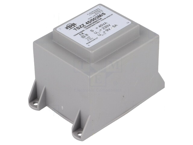 Transformator: ingegoten; 45VA; 230VAC; 9V; 5A; PCB; IP00; A: 63,6mm Transformator: ingegoten; 45VA; 230VAC; 9V; 5A; PCB; IP00; A: 63,6mm